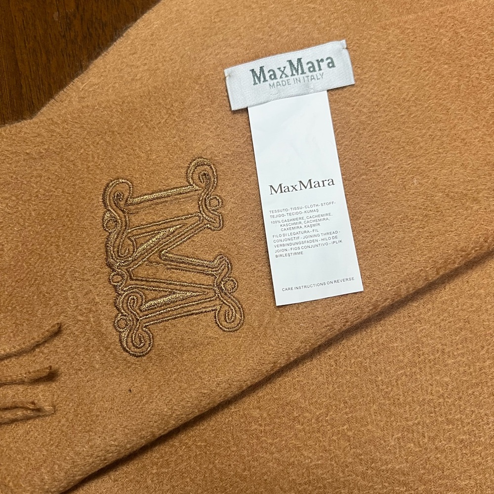 MaxMara tobacco cashmere Scarf with Embroidered Logo